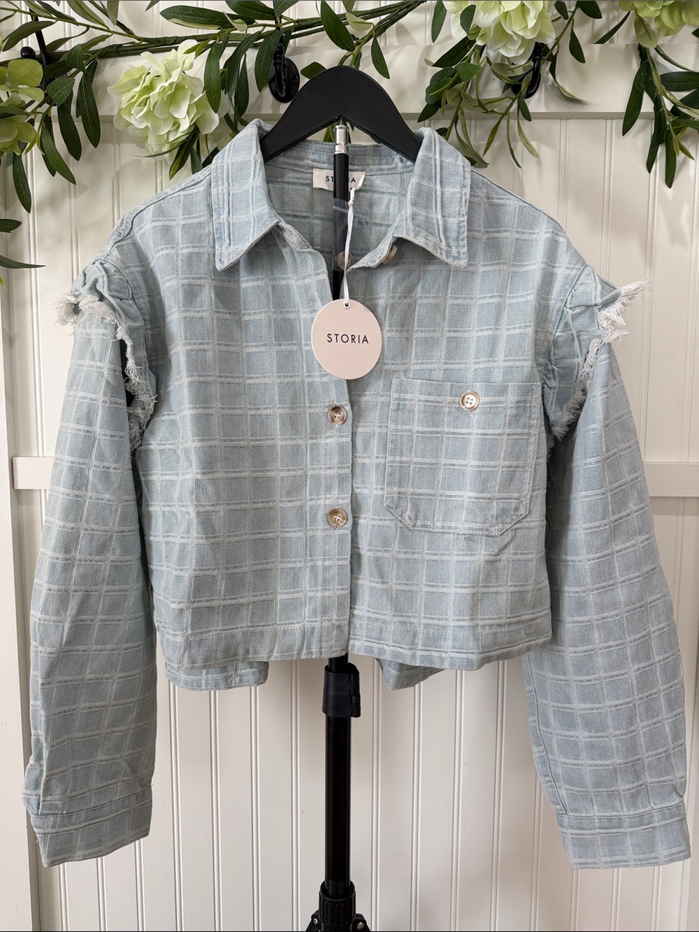 NWT! #1011 STORIA Light Blue Cropped Checked Texture Raw Hem Shirt or Jacket